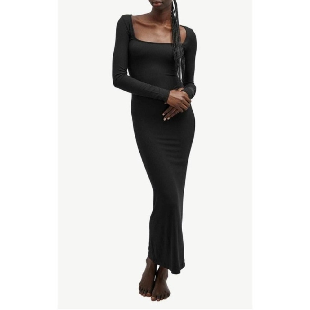 SKIMS Soft Lounge Long Sleeve Dress Onyx Black Square Neck Maxi Medium‎ NWT